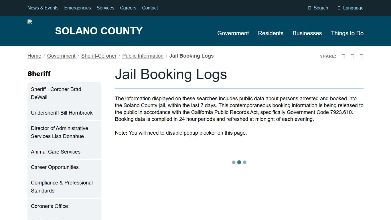 Jail Booking Logs | Solano County, California